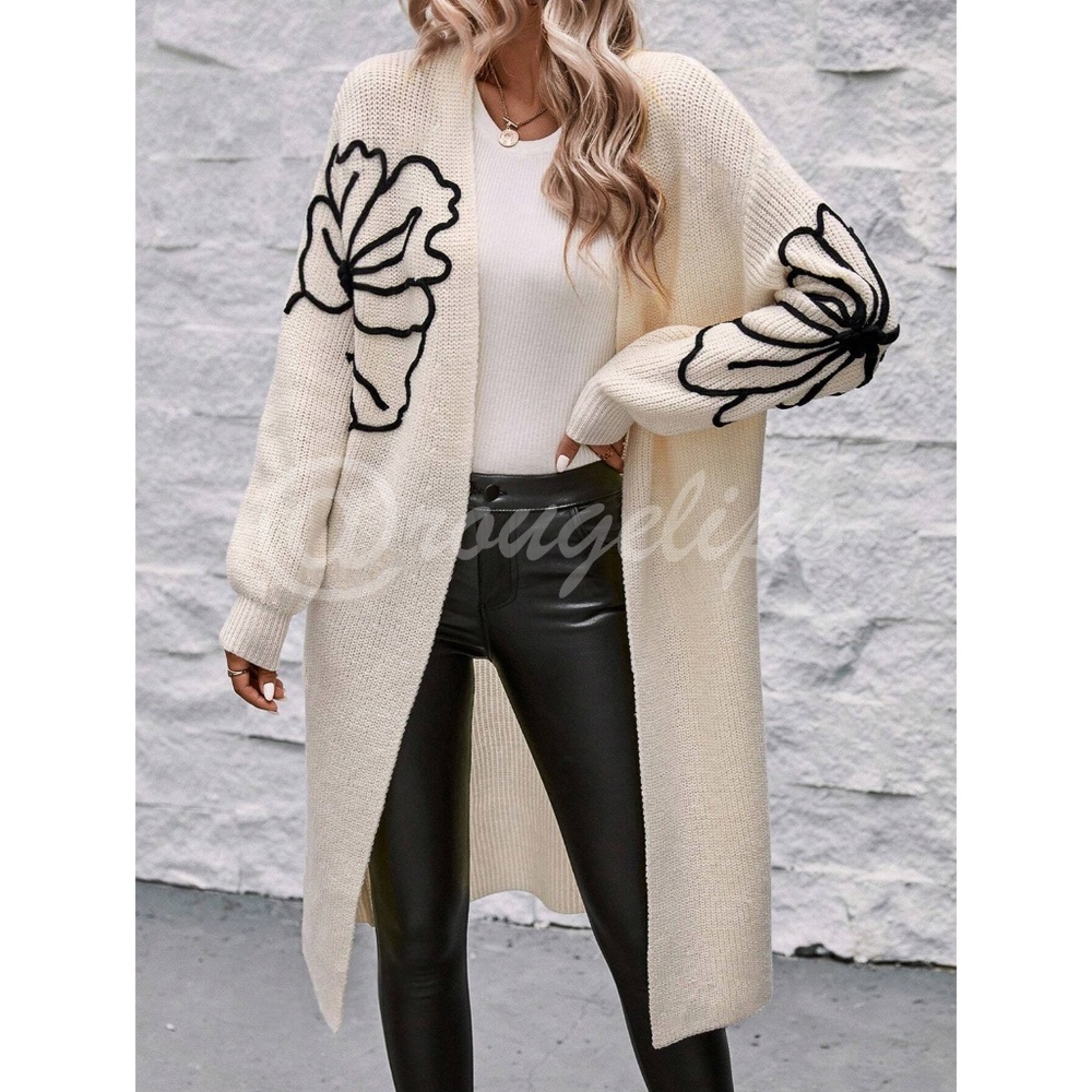 Off White Long Duster Cardigan Knit Black Flower Appliqué - Picture 2 of 10